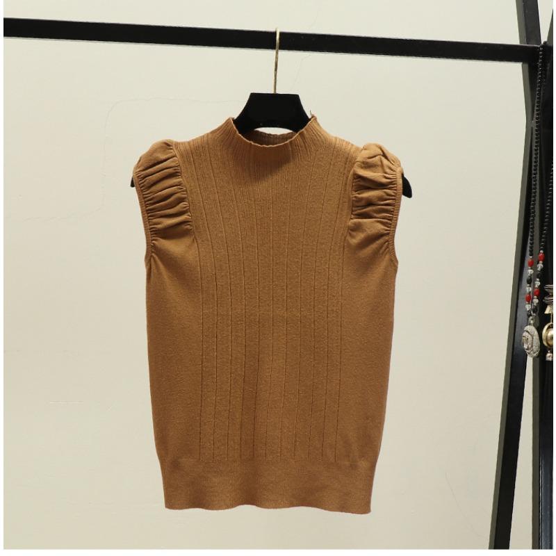 Summer New Simple Solid Color Semi-turtleneck Pleated Pullover Sweater Women Wear Sleeveless Vest Top