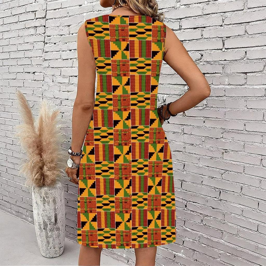 Plus Size V Neck Sleeveless Dress Natural Field Flower Print For Outdoor Picnic