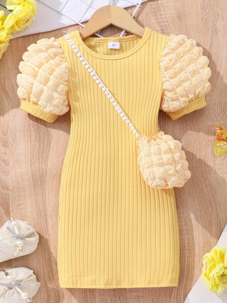 Kids' Lightweight Bubble Dress: Short Sleeve, Round Neck, Solid Color with Bubble Pockets