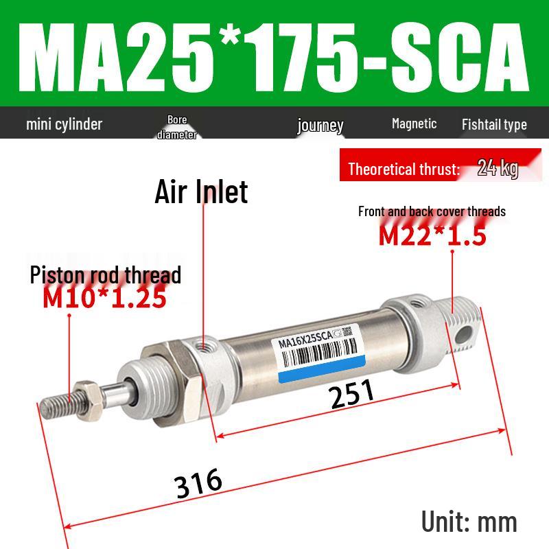 Mini Stainless Steel Pneumatic Cylinder MA Series (16-40mm Bore, 50-200mm Stroke)