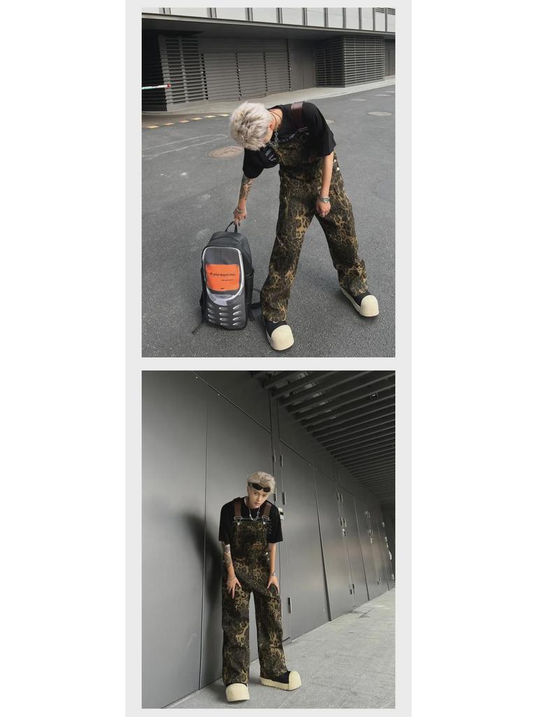 Unisex Retro Leopard Print Denim Overalls - Trendy, Loose-Fit American-Style Jumpsuit