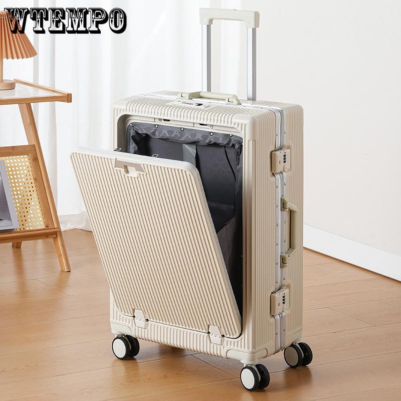 Front Opening Multifunctional Rolling Aluminum Frame Laptop Luggage with Spinner Wheels - Carry On Travel Suitcase with Combination Lock for Men Women