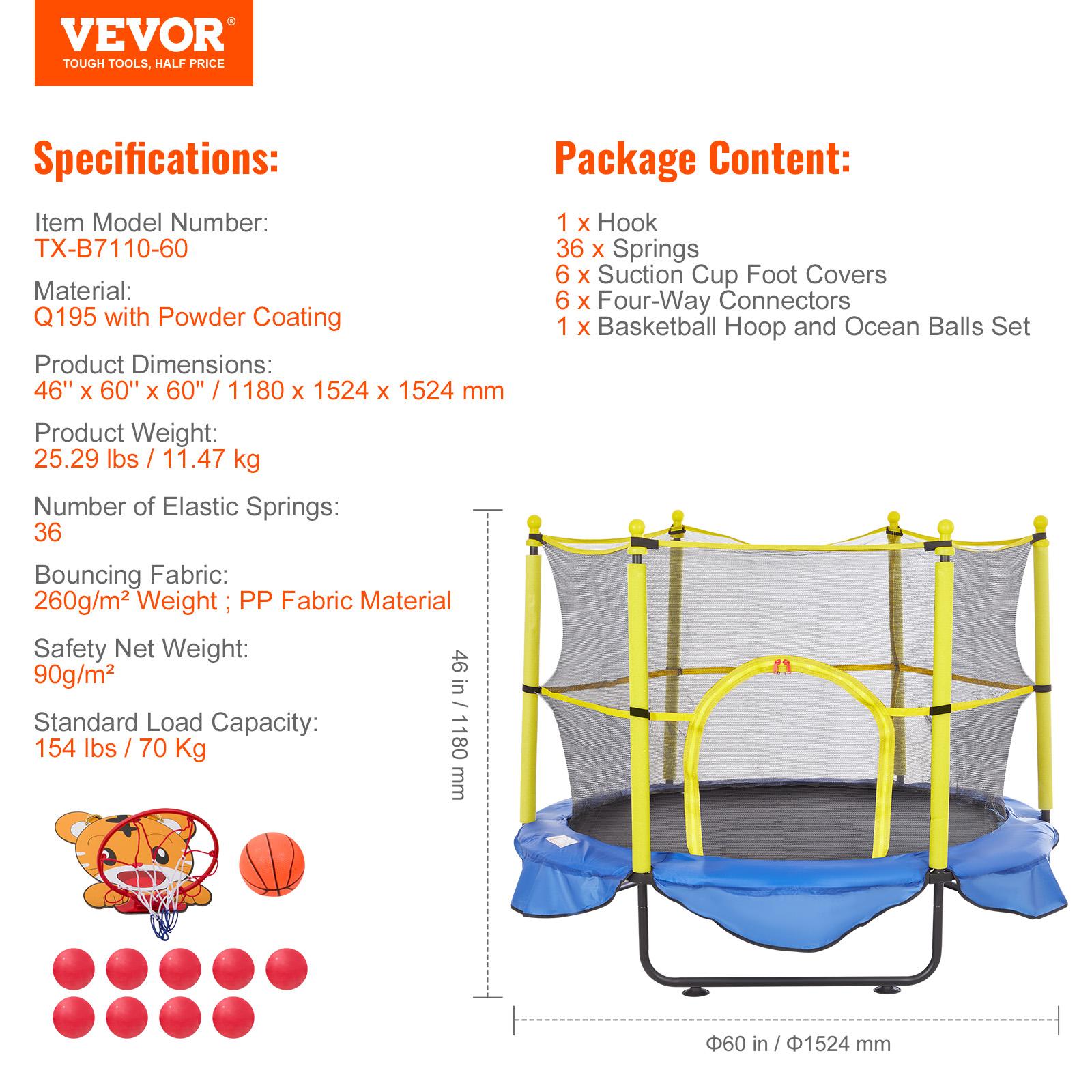 

VEVOR 60 5FT Trampoline for Kids Indoor Outdoor Trampoline with Safety Enclosure Net Basketball Hoop and Ocean Balls for Kids