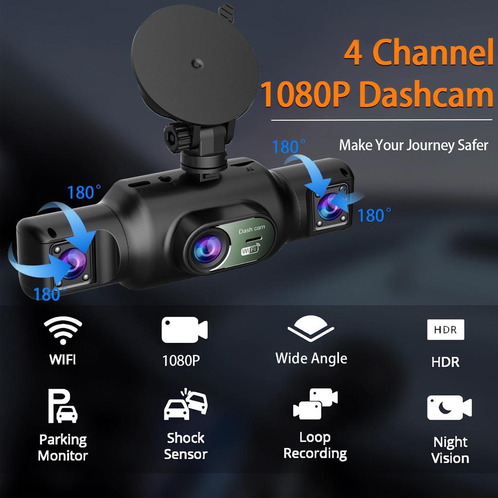 4-Channel 360 Degree Dash Cam For Cars WIFI APP Car DVR FHD 1920*1080P 4 Camera Lens Video Driver Recorder Rear View Camera