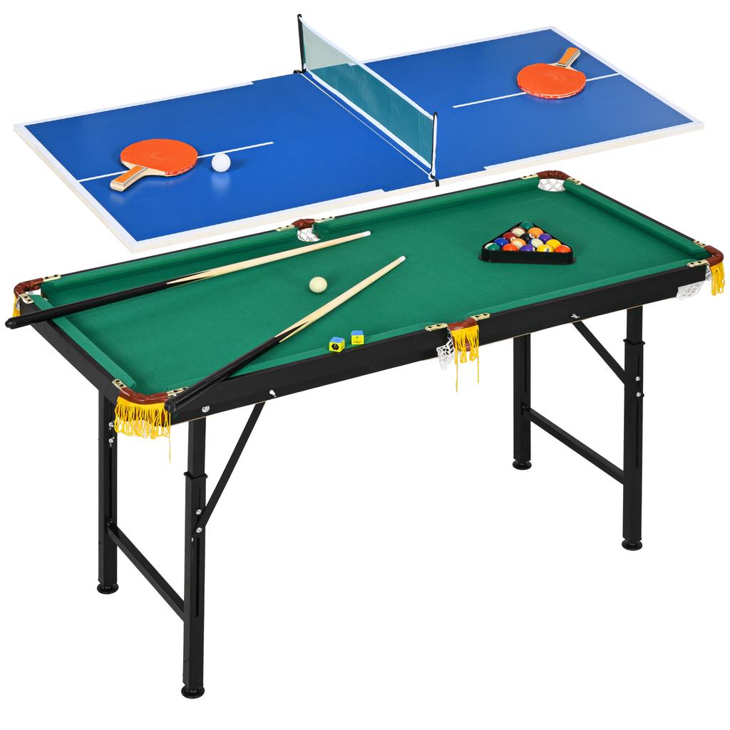 2-in-1 Billiard Table, Table Tennis Table, with Accessories, 140x63x80cm, Blue/Green