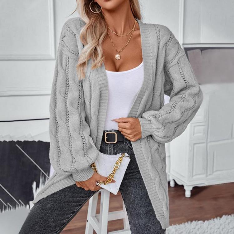 Cardigan Maglione a Maniche Lunghe Vintage Monocolore a Maglia Scollo a V Autunno Inverno Largo
