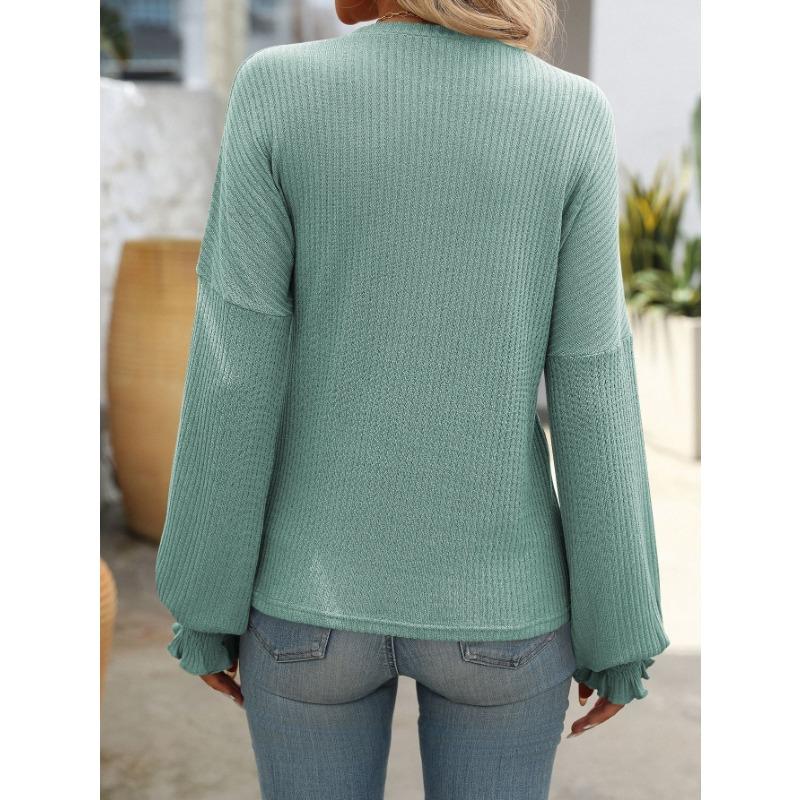 Spring Autumn Round Neck Solid Color Ruffles Tee Women Long Sleeve Loose Casual Pullover Tee Bottomed Top