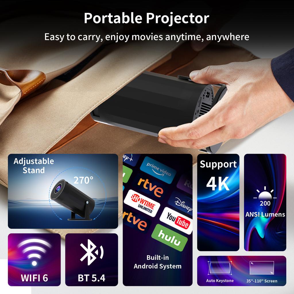 S200 4K Supported Mini Projector, Portable Wireless Screen Mirroring Projector, Compact Size for Home Theater