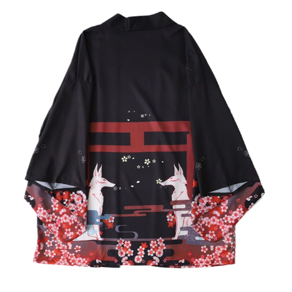 [SYZHXHKL] Happi Coat, Cherry Blossom & Fox Design, Kimono Style, Long Happi Coat, Festival Costume, Event, Grand Festival, Mikoshi, Japanese Style,