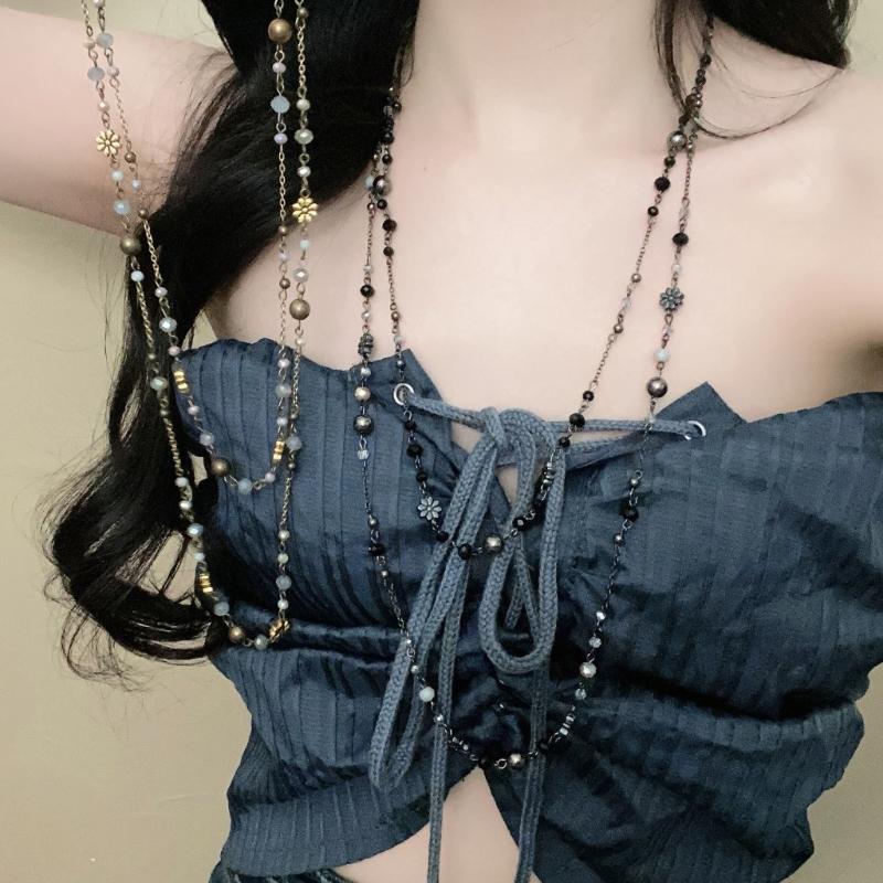 Retro Style Floral Bead Collarbone Chain Necklace With Aged Finish Alloy Jewelry Piece Perfect For Daily Wear