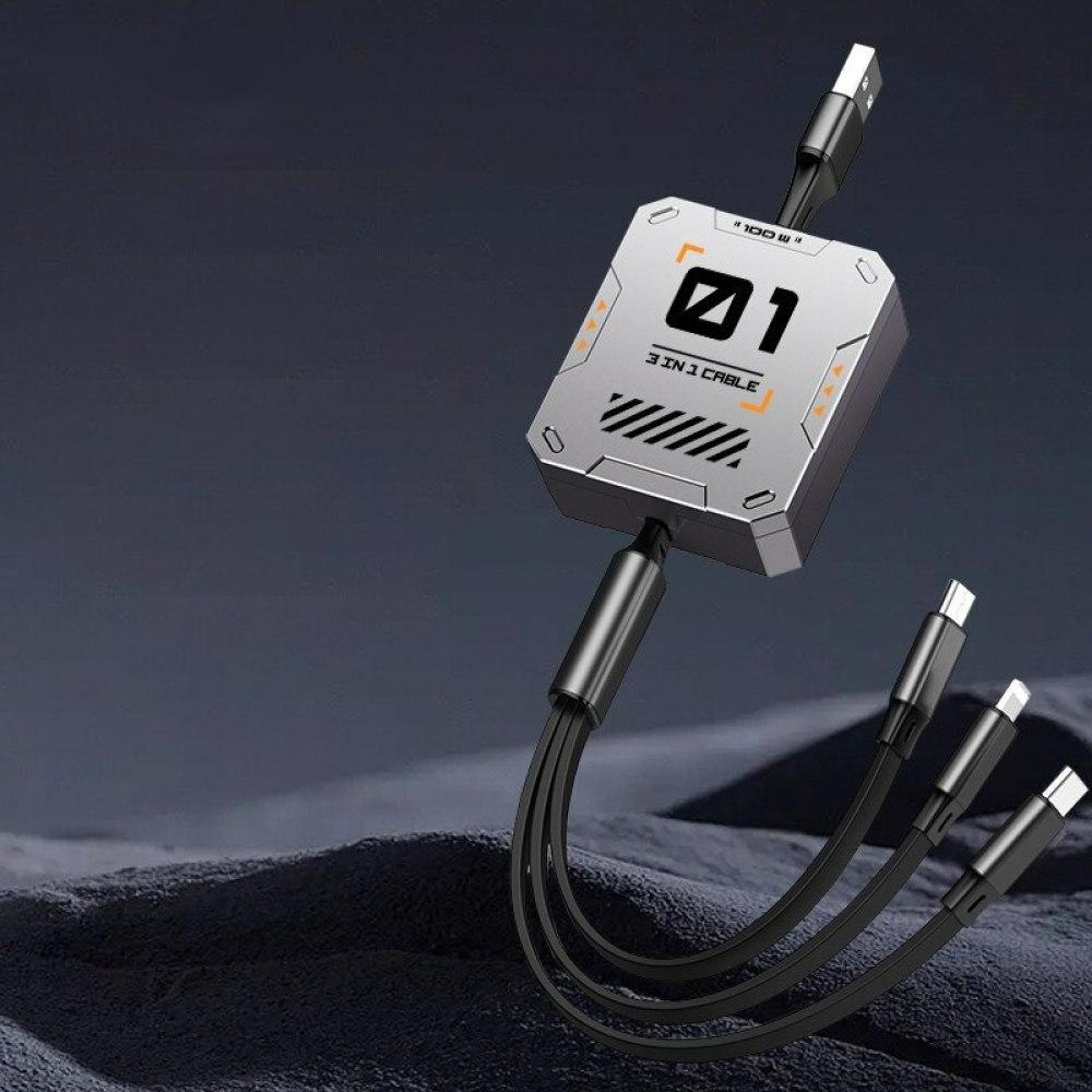 3 In 1 Multi Retractable USB Phone 60w Fast Charging and Data Cable for Lightning/Android/Type-C Devices