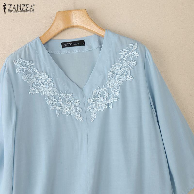 ZANZEA Women Summer V-neck Loose Casual 3/4 Sleeve Blouse