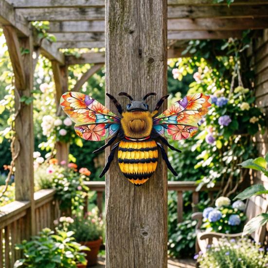 Metal Bee Wall Art Outdoor Large Bee Wall Hanging Sculpture with Floral Wings for Garden Patio Yard Lawn Fence Decor