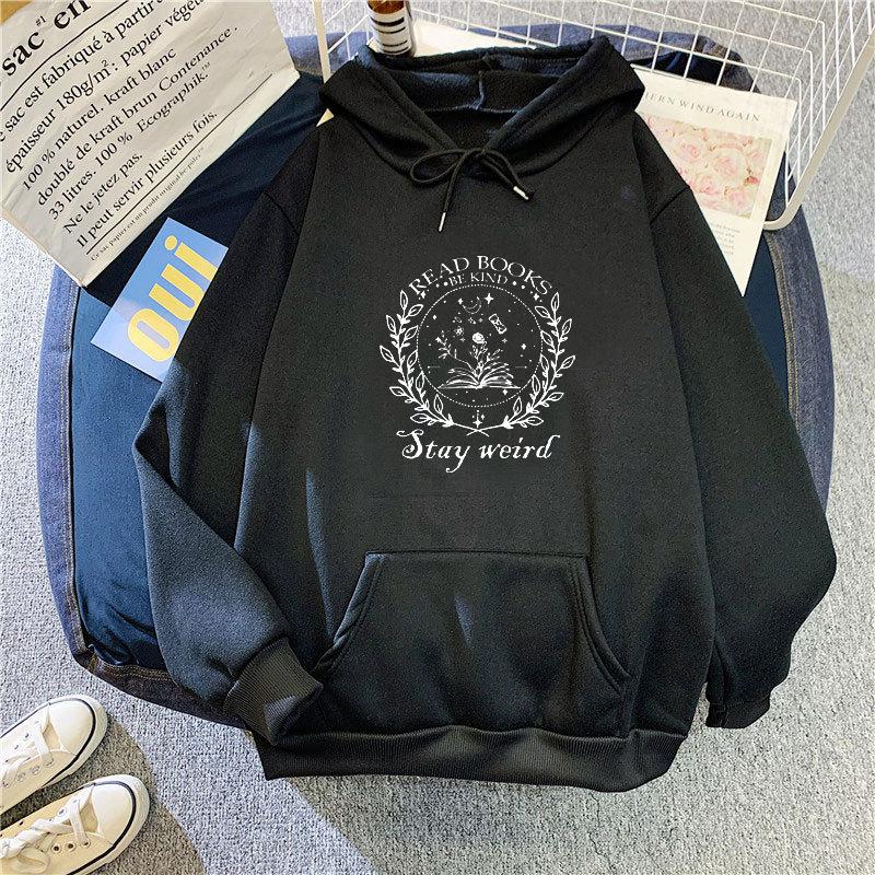 Plus Size Women's Black Hooded Hoodie for Autumn Ladies Letter Print Oversize Long Sleeve Sweatshirt