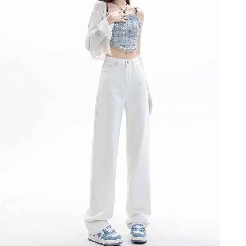 Womens High Waist Wide Leg Straight Cut Denim Pants Loose Fit Casual Trousers With Soft Drape Effect