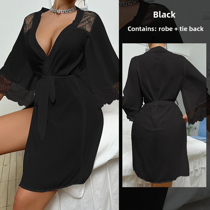 Sexy Pajamas Chiffon Lace Stitching Perspective Nightgown Seduction Women's Cardigan Robe