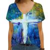 Women's Summer T-shirt 3D Cross Print Women's V-neck Short Sleeved T-shirt