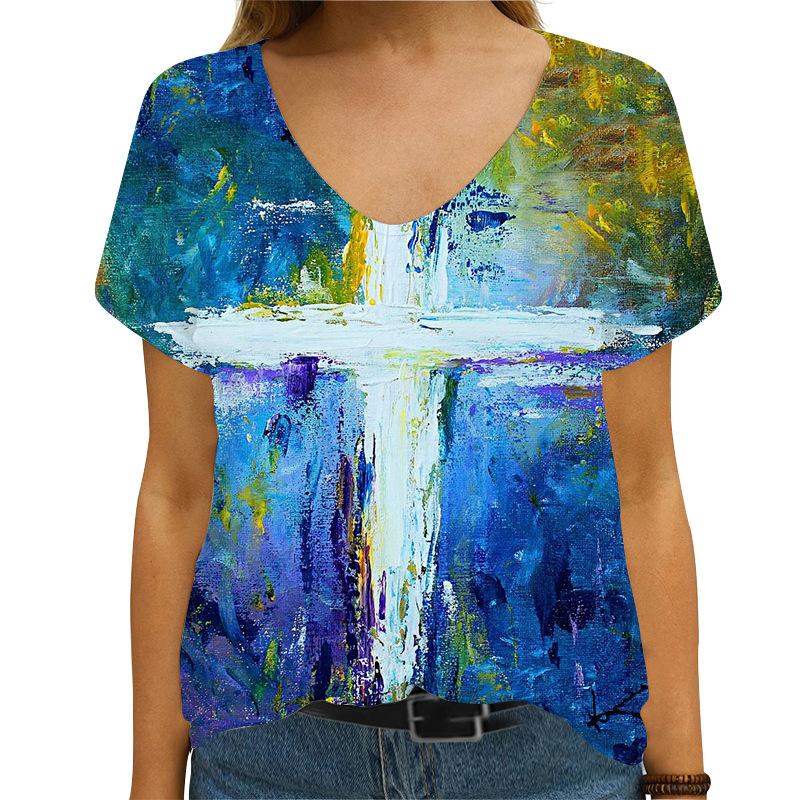 Women's Summer T-shirt 3D Cross Print Women's V-neck Short Sleeved T-shirt