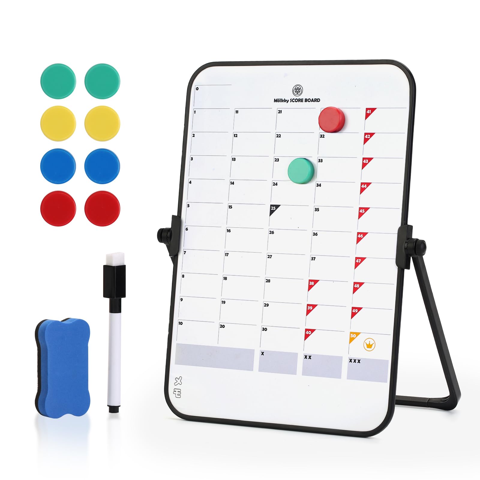 

NOCLIS Mölkky Scoreboard with 8 Magnetic Markers, Magnetic Eraser & Pen Included, Foldable Stand, Windproof & Rainproof Design, Portable, Easy to Read