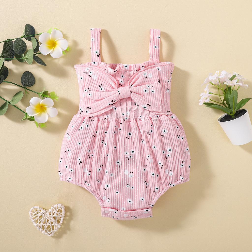 Citgeett Summer Newborn Baby Girls Ribbed Bodysuit Sleeveless Flower Dot Print Jumpsuit Bow Clothes