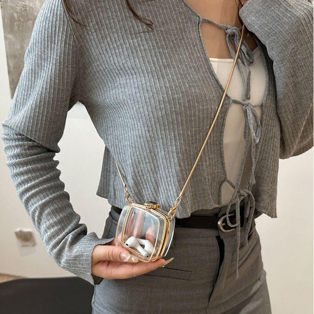 with Chain Strap Transparent Shoulder Bag Gold Lock Buckle Small Clutch Purse  Evening