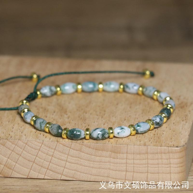 Tree Agate Oval Bead Bracelet – Gold Accent Adjustable Boho Jewelry, Nature Calm Gift for Women