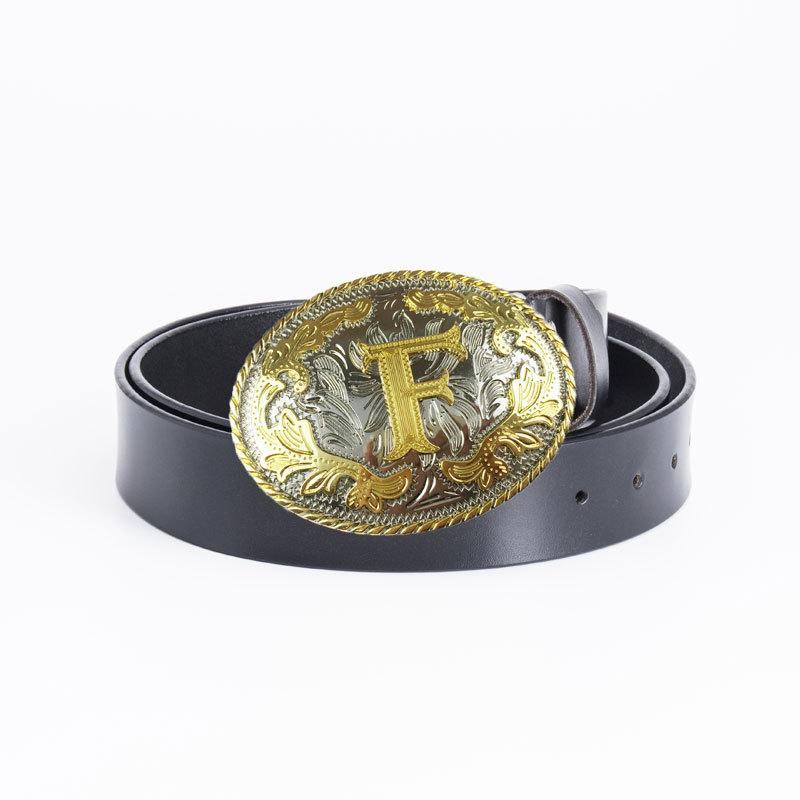 Gold Men's Belt Whole Two-layer Cowhide Fashionable Retro F Letter Belt Plate Buckle