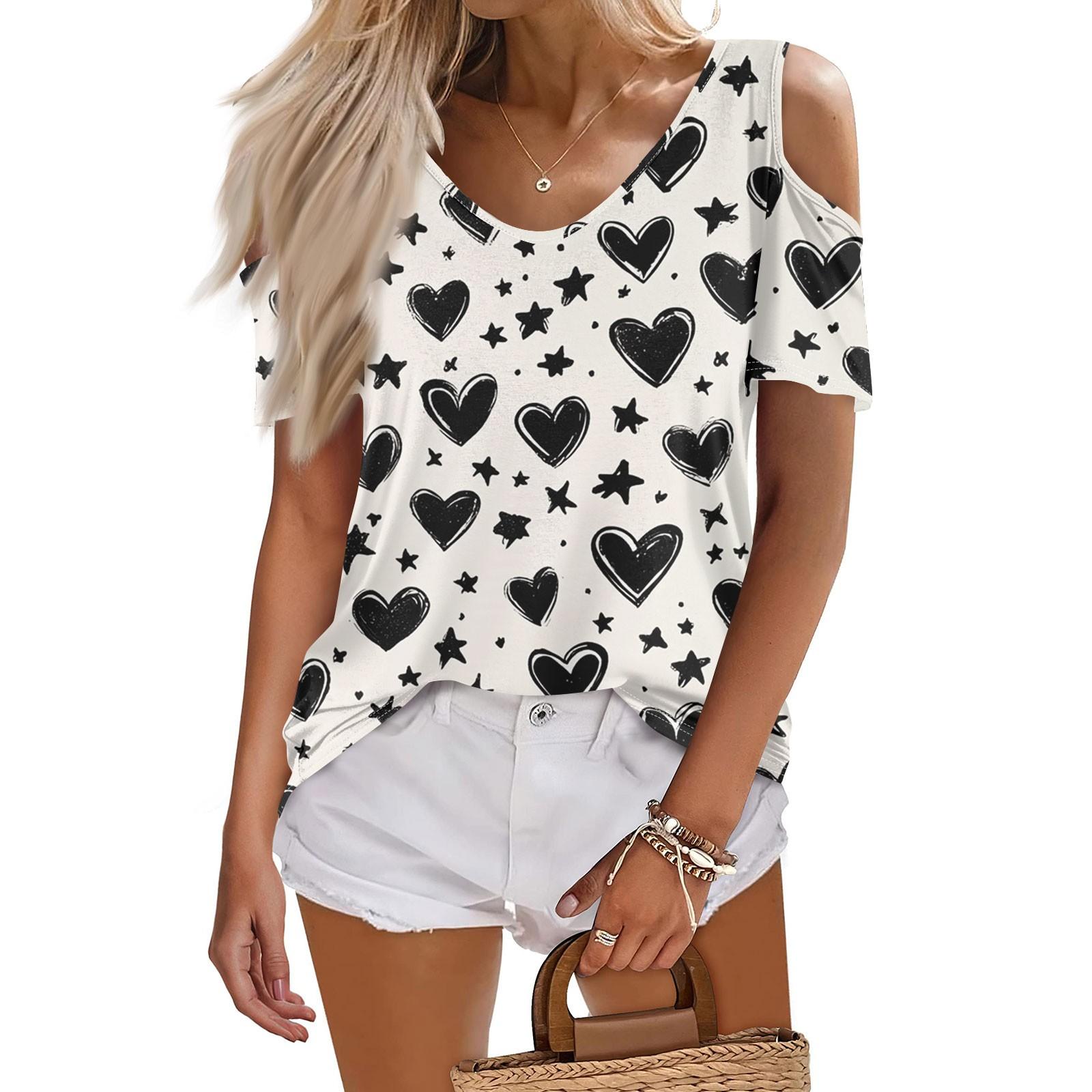 

Женская летняя модная повседневная футболка без бретелек с v-образным вырезом и коротким рукавом с принтом, топ L чёрный