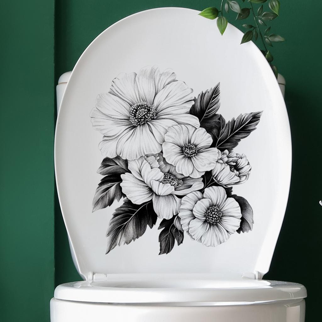 Black and White Floral Toilet Wall Stickers, Self-Adhesive Decals for Bathroom Bedroom Living Room Background Wall Decoration