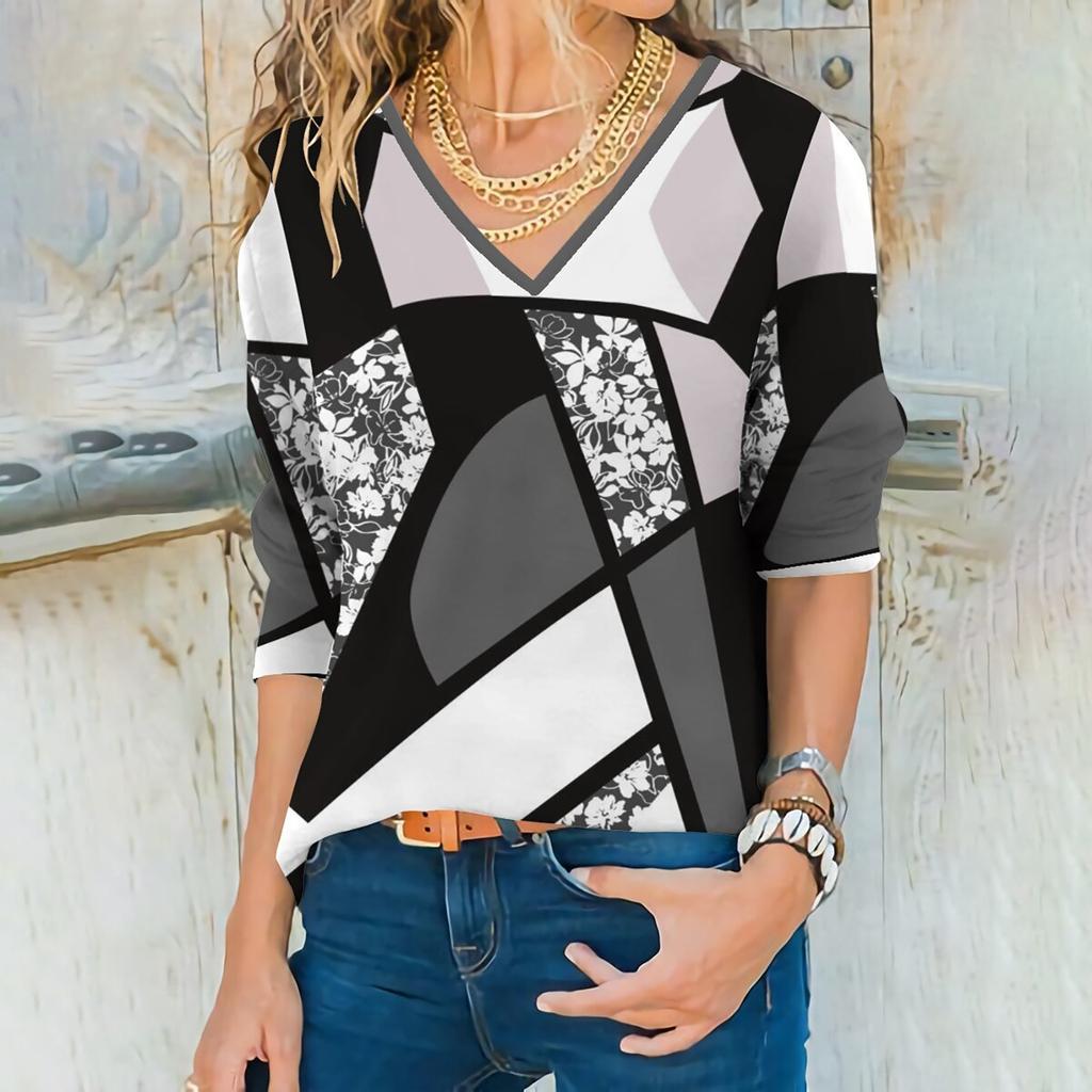 Women's Fashion Casual Temperament V-neck Irregular Striped Geometric Print Long Sleeve Blouse