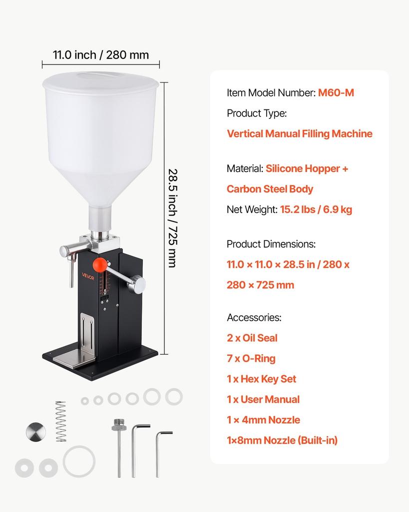 Manual Filling Machine, 5-60 ml, 10 L Hopper, Paste Liquid Filler, for Water, Honey, Oil, Shampoo and Lotion, Anti-Drip Nozzle, Adjustable Bottle