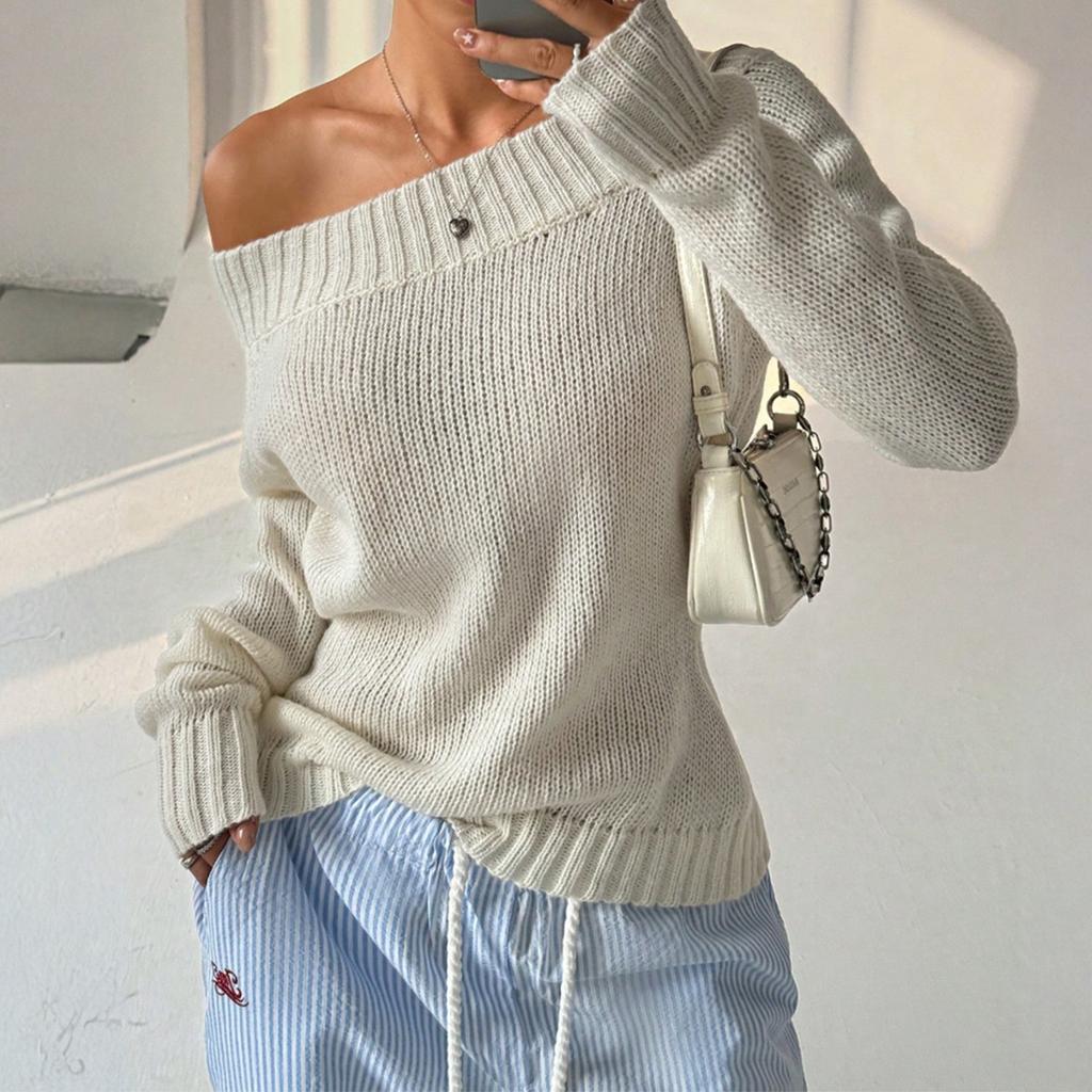 Women's Fashion Casual Long Sleeve One Shoulder Pullover Off-shoulder Knitted Sweater