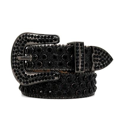 Schwarzer Funkelnder Western Luxus Hohe Qualität Kristall Strassstein Gürtel Mit Vollem Diamant Legierung Knopfkopf Design Gürtel