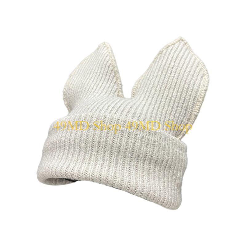 

49MD Thick Warm Rabbits Ear Hat Color Skull Caps Women Winter Headpiece білий