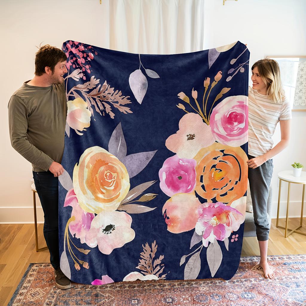 1pc Floral Print Blanket - Navy Blue Floral Pattern with Pink, Peach, Orange, Green - Soft & Breathable All-Season Throw - Machi
