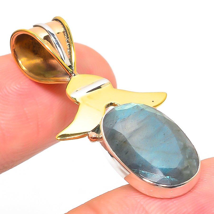 Natural Labradorite TwoTone 925 Solid Sterling Silver Jewelry Pendant 1.75" i6U32