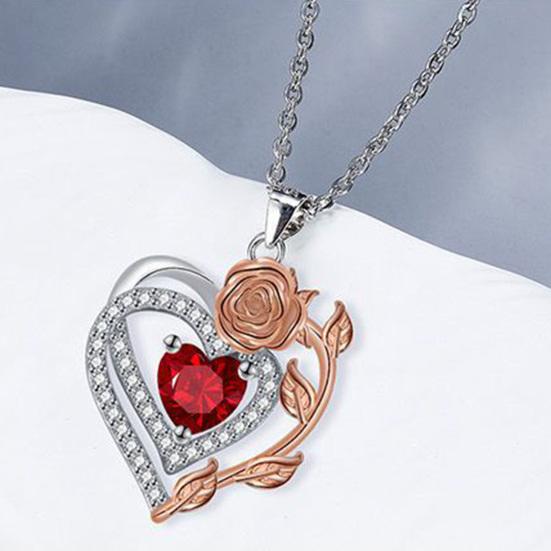 Heart And Rose Necklace Women Faux Gem Red Heart Pendant Necklace Jewelry Gift for Wife Girlfriend Birthday Anniversary Valentine's Day