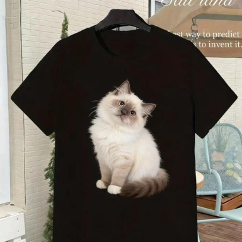 Retro Y2K Tuxedo Cat Print T-Shirt, Soft Breathable Crew Neck Short Sleeve Tee for Men Women, Casual All-Season Wear, Christmas Gift
