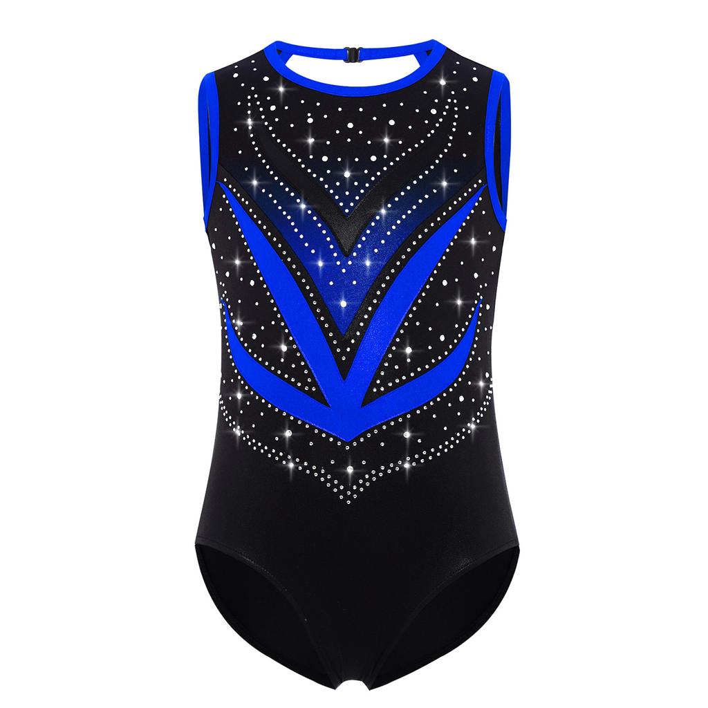 Girls Gymnastics Leotard Sleeveless Crisscross Cutout Back with Mesh Patchwork Shiny Rhinestones Bodysuit