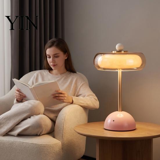 Adjustable Brightness Office Light Retro Glass Mushroom Table Lamp, USB Rechargeable Touch Control Bedside Modern Aesthetic Room Lamp 3 Colors