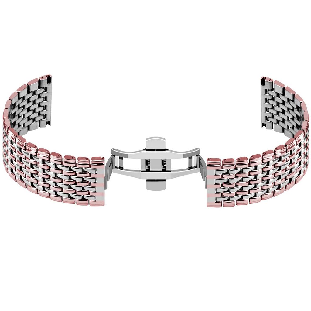 [Kai Tian] Brățară de ceas cu 9 rânduri din oțel inoxidabil 20mm 22mm Bandă de ceas pentru bărbați Femei Curea conică Metal lustruit Cataramă cu deployare (Argintiu Rose Gold,