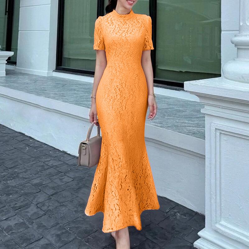 

ZANZEA Элегантное кружевное платье пэчворк с подолом «рыбий хвост», повседневное женское платье с коротким рукавом 4XL оранжевый