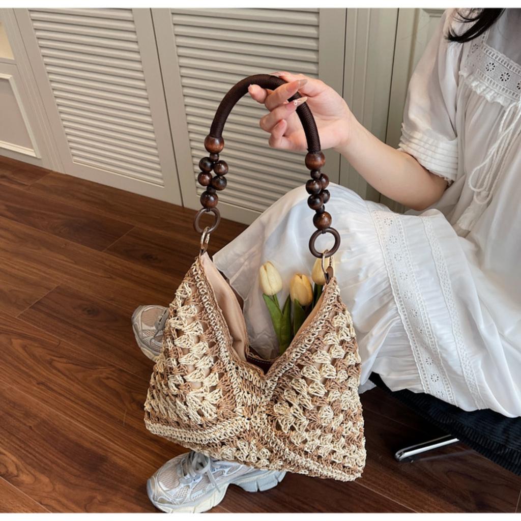 Bohemian Crochet Straw Shoulder Bag, Hand-Woven Tote Bag with Beaded Handle, Large Capacity Beach Bag for Women, 6 Colors, 36x33cm