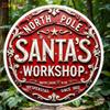 Santa Workshop Metal Tin Sign Vintage Christmas Wall Art North Pole Round Decor