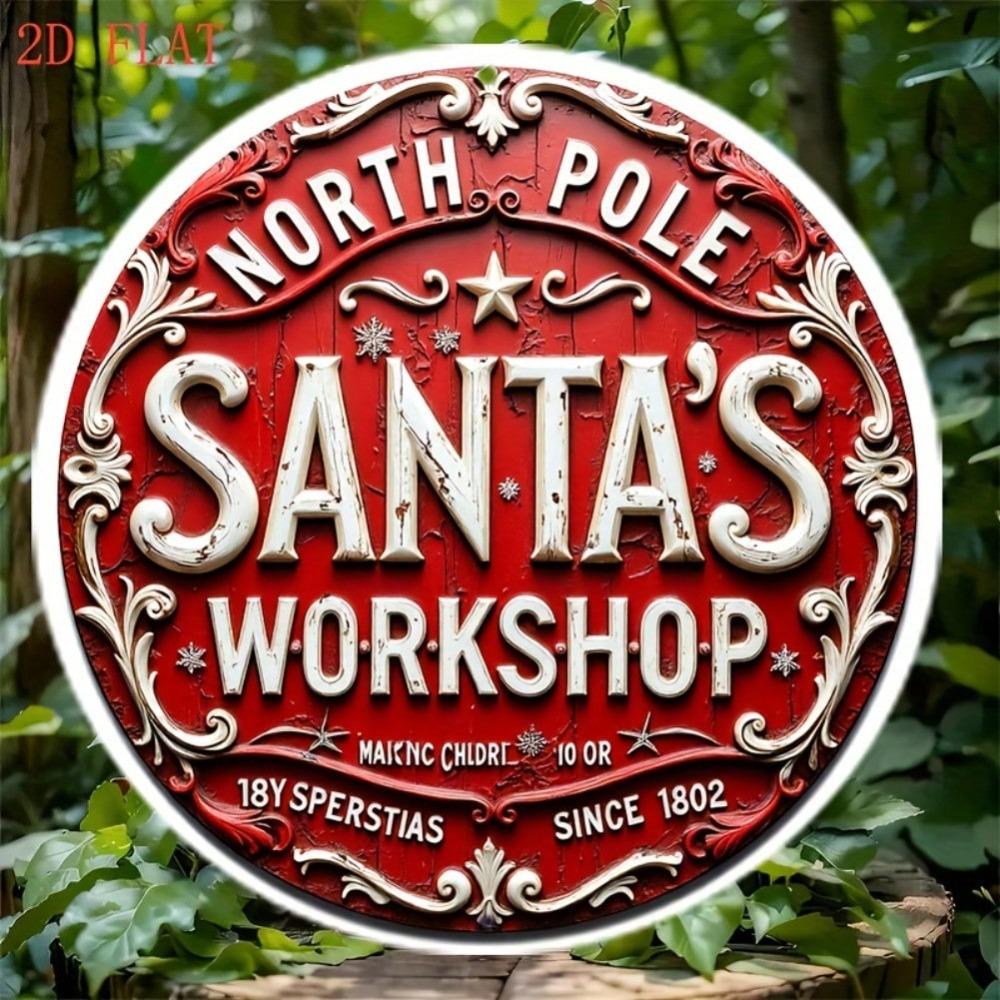 Santa Workshop Metal Tin Sign Vintage Christmas Wall Art North Pole Round Decor