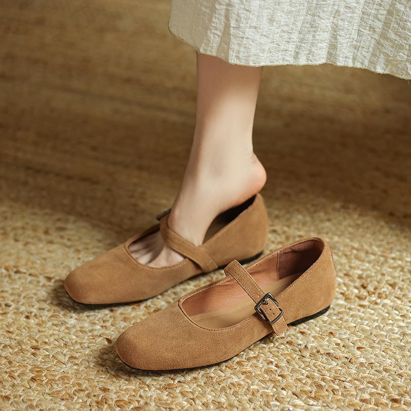 Fashion Women Mary Jane Ballet Shoes Cow Suede Genuine Leather Flats Woman Classic Square Toe Fashion Street Flats Ladies Soft Loafers