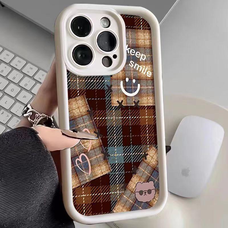 Plaid Love Smiley Face Is Suitable for Apple 16 Mobile Phone Case iPhone17Pro New 15Pro Advanced 14 Anti-drop 13