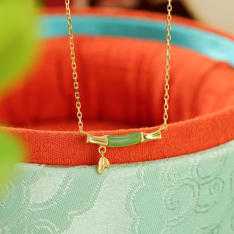 S925 Sterling Silver Gold Plated Hotan Jade Jasper Bamboo Necklace
