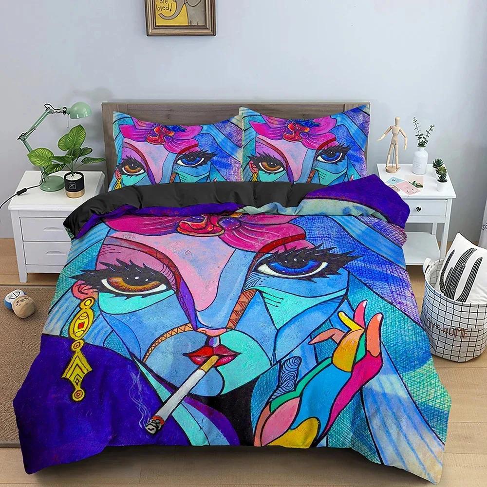 Abstraktes Gesicht King Queen Bettbezug Frau Portrait Bettwäsche Set Graffiti Bettbezug Fantasy Design Polyester Bettbezug
