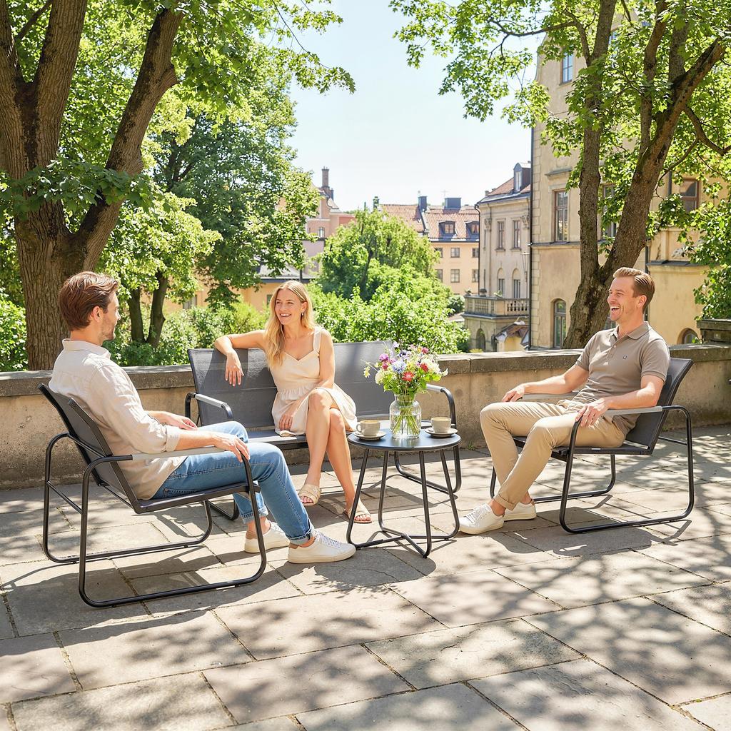 Garden Furniture Set Seating Group for 4 People Breathable Garden Lounge with 2-Seater Sofa 2 Armchairs Rope Weave Round Table Foot Pads